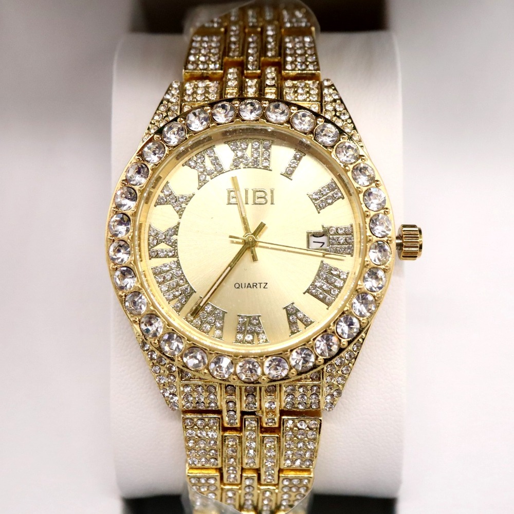 Bibii Luxury Watch Iced Out Watch Crystal Roman Numerals Gold Tone T1131